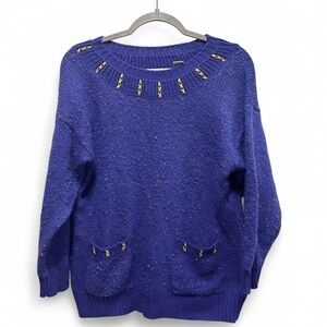 Vintage purple tweed knit crewneck sweater with yellow accents